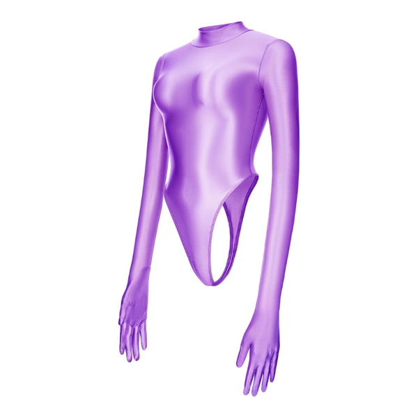 Purple bodysuit with long sleeves on a white background