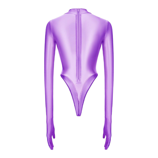 Purple bodysuit with long sleeves on a white background