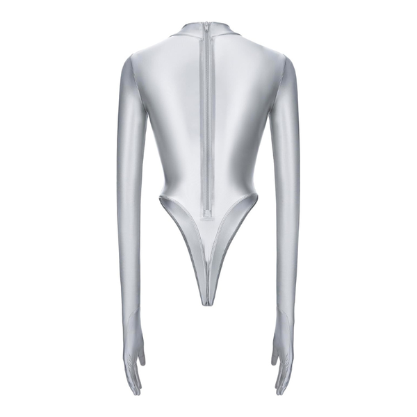 Silver bodysuit with long sleeves on a white background