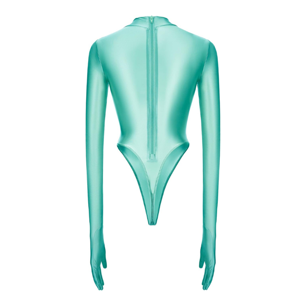 Turquoise bodysuit with long sleeves on a white background