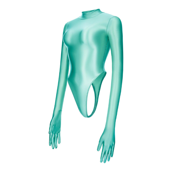 Turquoise bodysuit with long sleeves on a white background