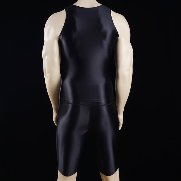 Satinylust-Aion Black Glossy Tank Top And Compression Shorts