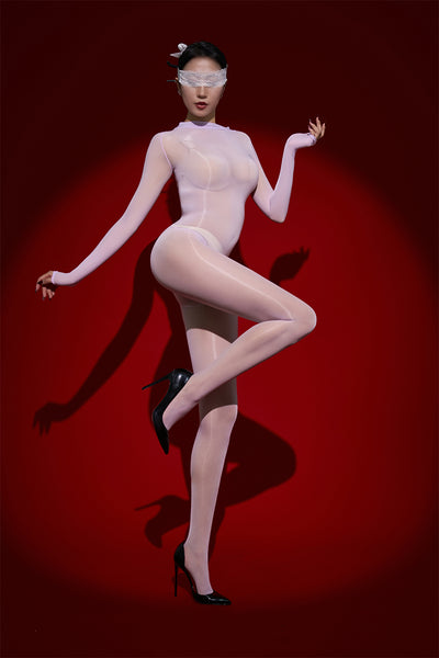 Person wearing a sheer outfit on a red background