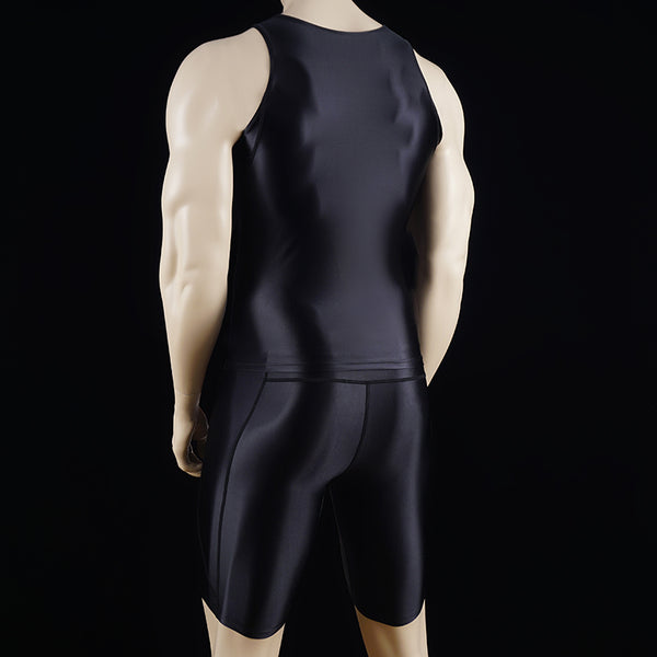 Satinylust-Aion Black Glossy Tank Top And Compression Shorts