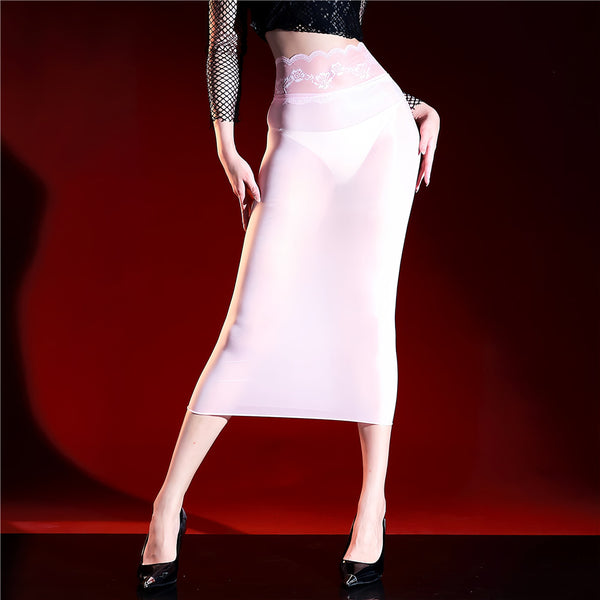 Woman wearing a light pink lace sheer skirt with a red background