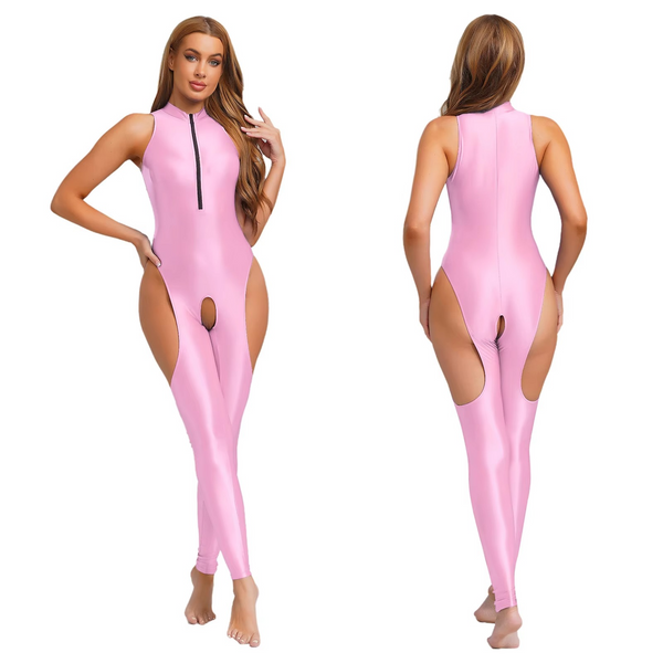 Pink catsuit with cut-out design worn by a model on a white background