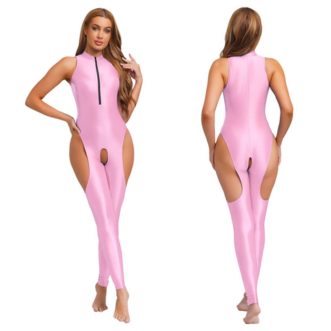 Pink catsuit with cut-out design worn by a model on a white background