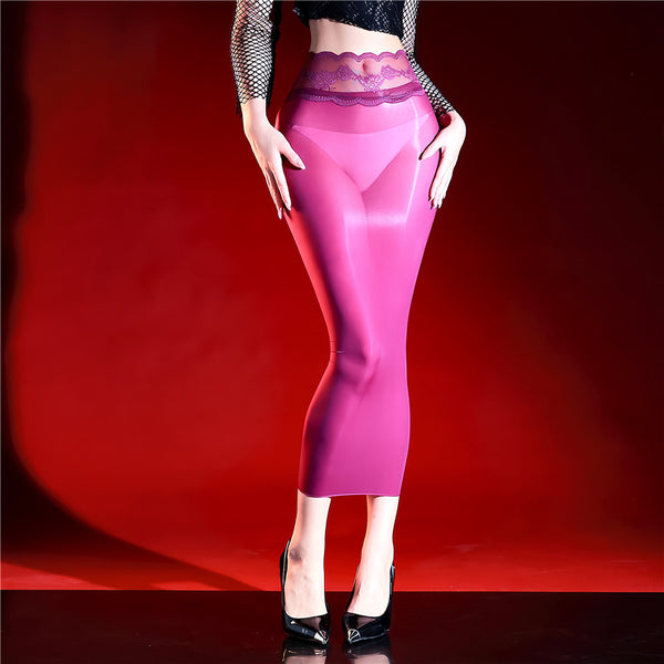 Woman wearing a purple sheer lace midi skirt