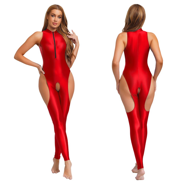 Red catsuit worn by a model on a white background