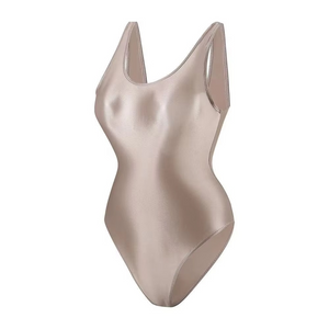 Beige glossy swimsuit on a white background