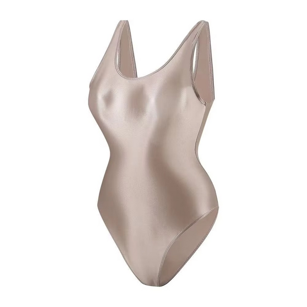 Beige glossy swimsuit on a white background