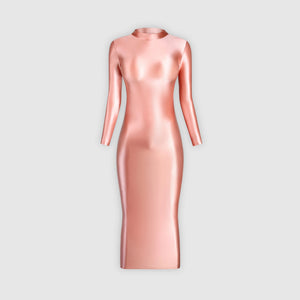 Elegant long-sleeve coral colored glossy dress, ideal for a special occasion.