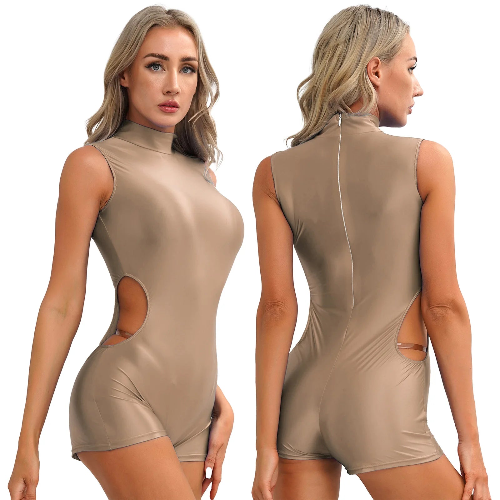 A woman posing in a brown glossy sleeveless unitard, featuring a high neckline, a back zipper closure, and a waist cutout.