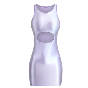 A lavender glossy cut out mini dress featuring thick shoulder straps and a scoop neckline.