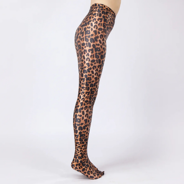 Leopard print tights worn by a person on a white background