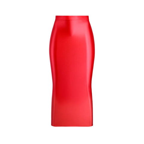 A red colored glossy maxi skirt featuring a elastic waistband.