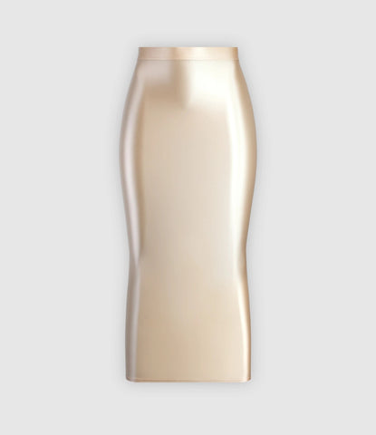 A beige colored glossy maxi skirt featuring a elastic waistband.