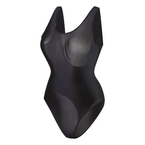 Black glossy swimsuit on a white background