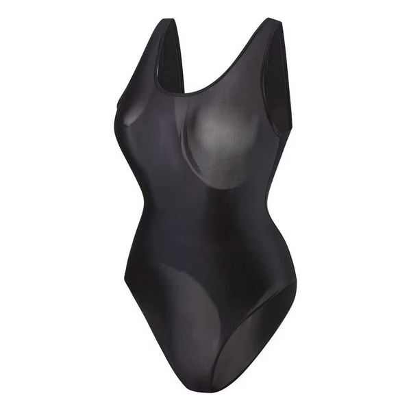 Black glossy swimsuit on a white background