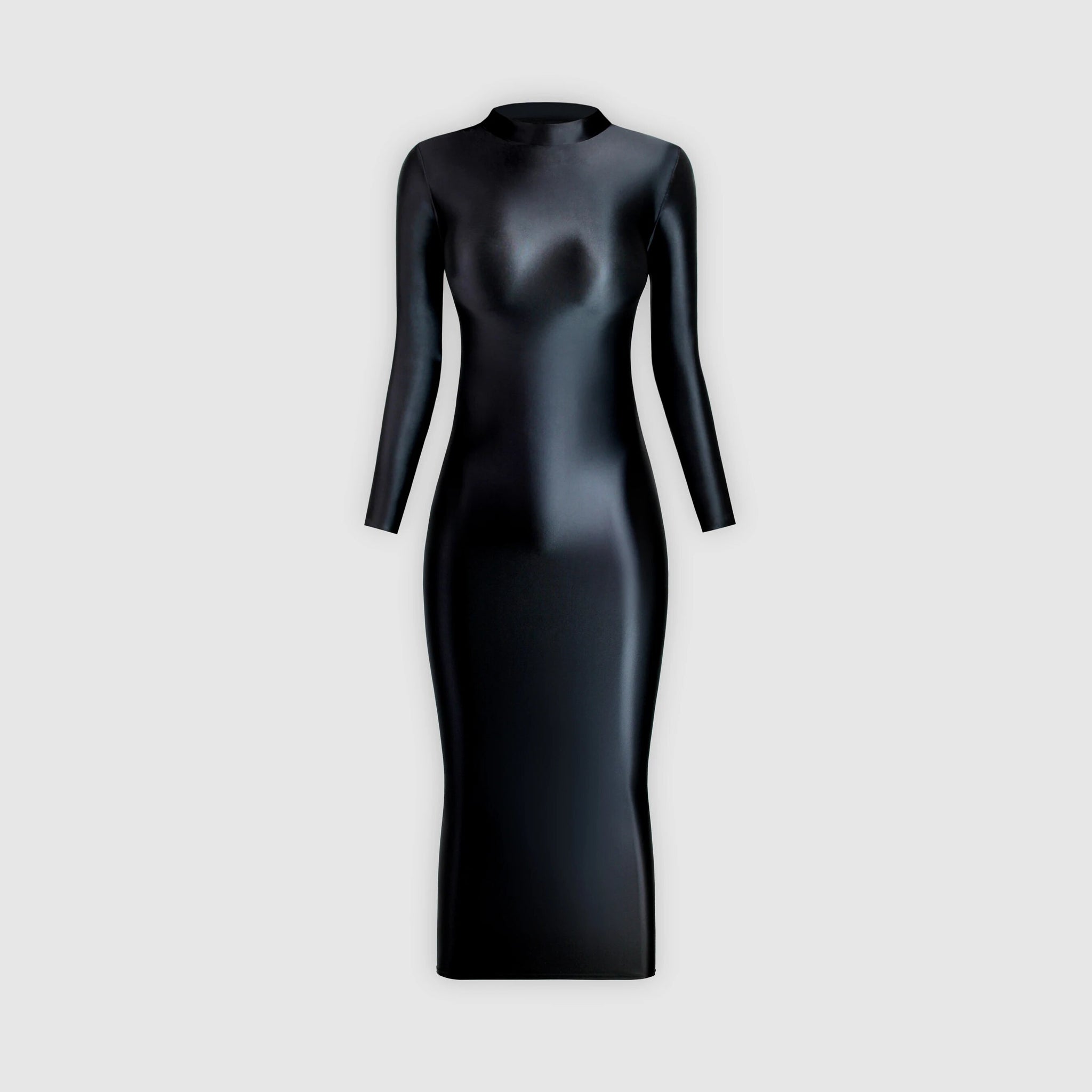 Elegant long-sleeve black glossy dress, ideal for a special occasion.