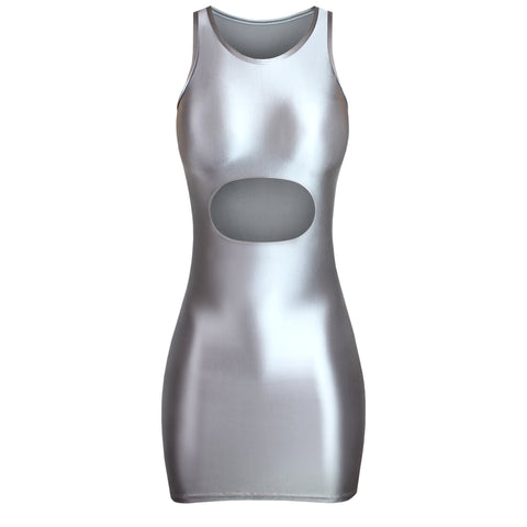 Kali Silver Cut Out Glossy Party Dress-satinylust