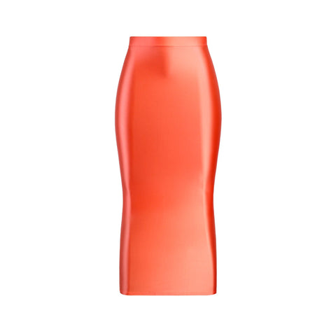A orange colored glossy maxi skirt featuring a elastic waistband.