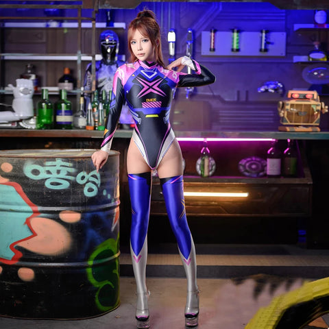 A woman posing in a anime-inspired glossy bodysuit with matching thigh high stockings,