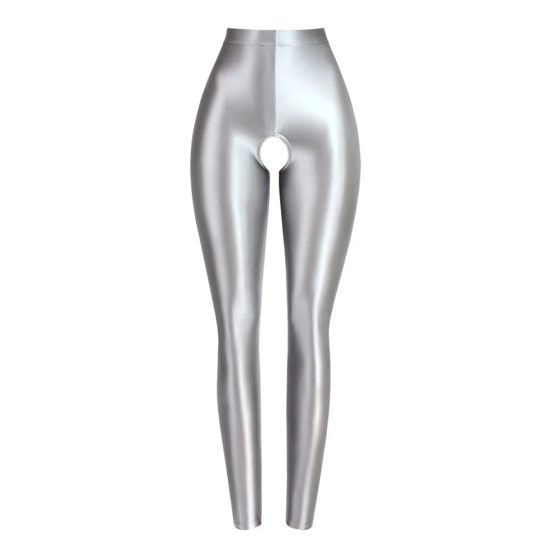 Milda Gray Glossy Crotchless Legging-satinylust