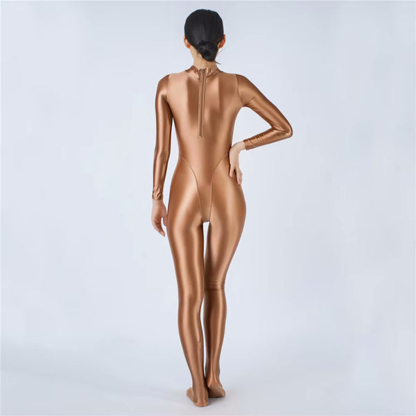 Devera Glossy Brown Catsuit-satinylust