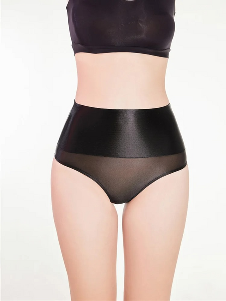 Black high-waisted underwear worn by a person on a white background