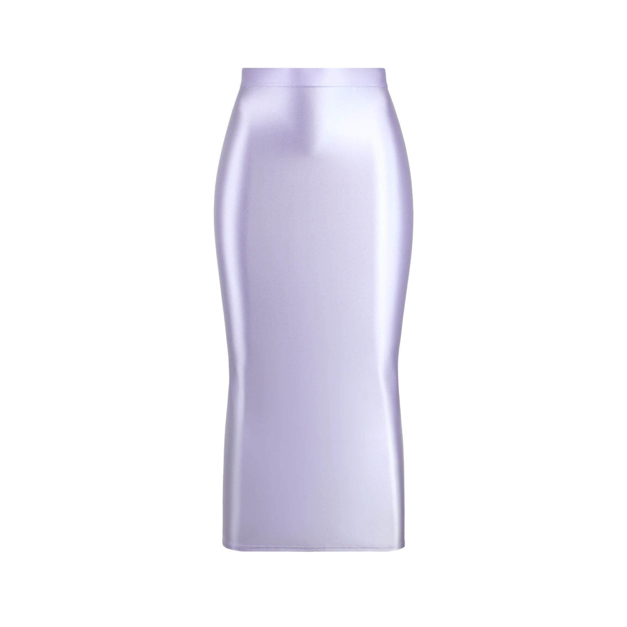 A lavender colored glossy maxi skirt featuring a elastic waistband.