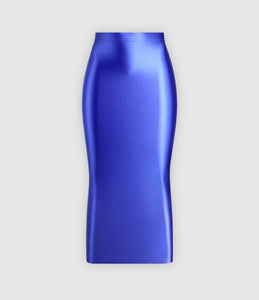 A blue colored glossy maxi skirt featuring a elastic waistband.