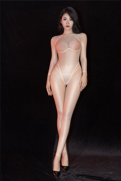 Woman wearing a sheer beige bodystocking and high heels on a black background