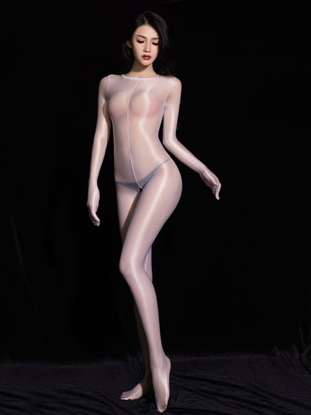 Woman posing in a sheer white glossy bodystocking