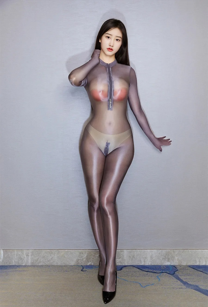 Woman posing in a gray glossy sheer catsuit.
