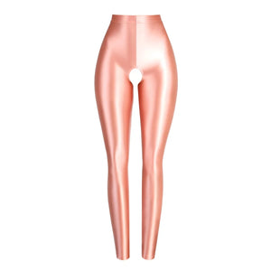 Milda Coral Glossy Crotchless Legging-satinylust