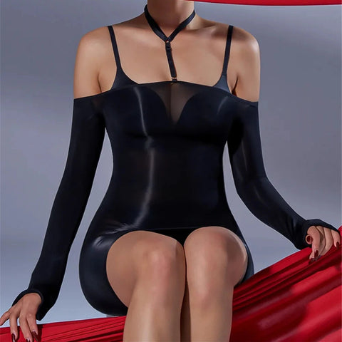 Clytie Mystique Glossy Off Shoulder Mini Dress-satinylust