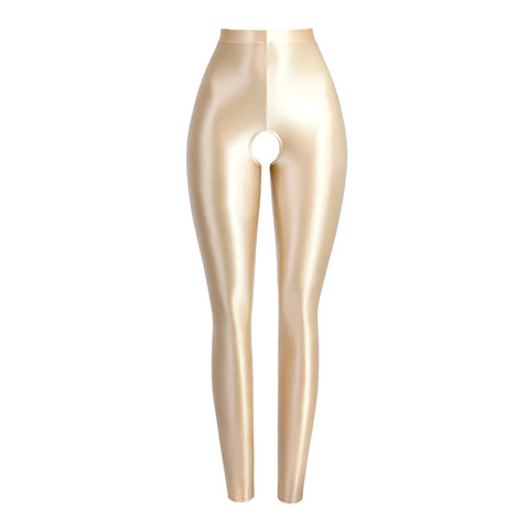 Milda Beige Glossy Crotchless Legging-satinylust