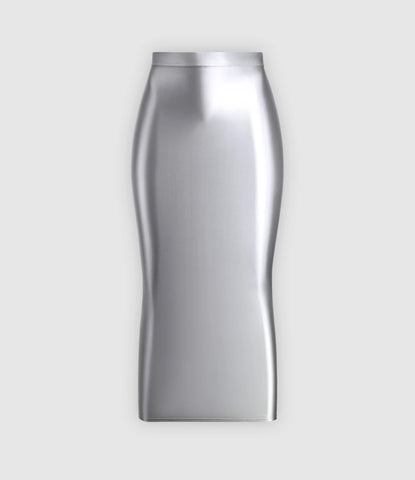 A silver colored glossy maxi skirt featuring a elastic waistband.