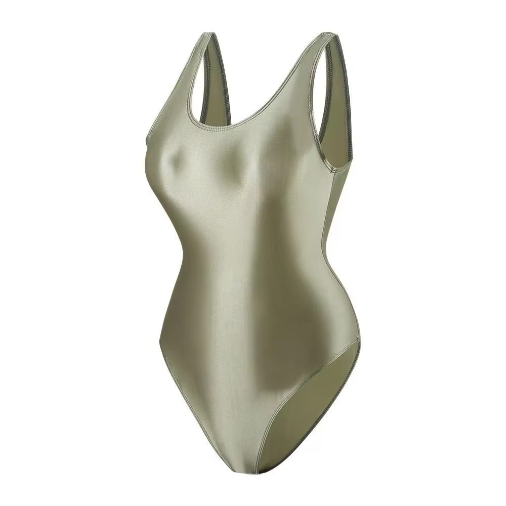 Metallic olive green swimsuit on a white background