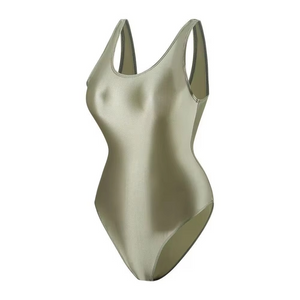 Metallic olive green swimsuit on a white background