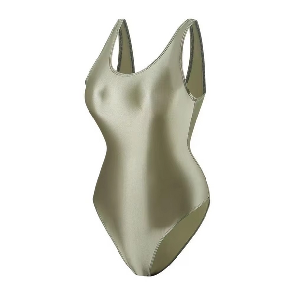 Metallic olive green swimsuit on a white background