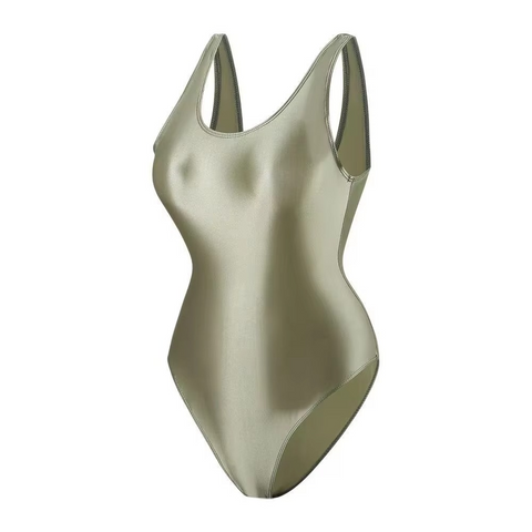 Metallic olive green swimsuit on a white background