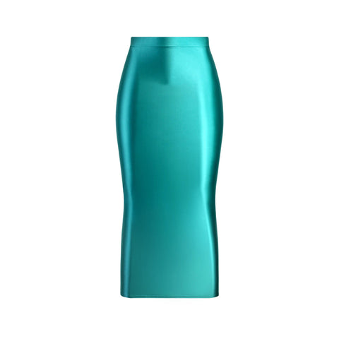 A turquoise colored glossy maxi skirt featuring a elastic waistband.