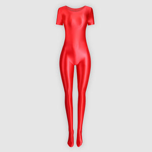 A red colored glossy short sleeves catsuit featuring scoop neckline and closed feet.