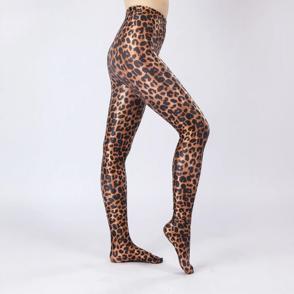 Leopard print tights worn by a person on a white background