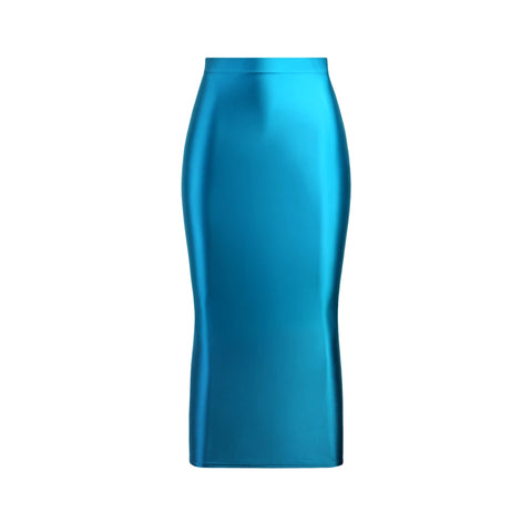 A electric blue colored glossy maxi skirt featuring a elastic waistband.