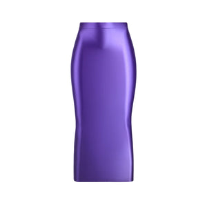 A purple colored glossy maxi skirt featuring a elastic waistband.
