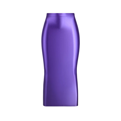 A purple colored glossy maxi skirt featuring a elastic waistband.