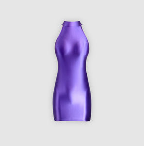 A purple glossy sleeveless mini party dress with high neckline.